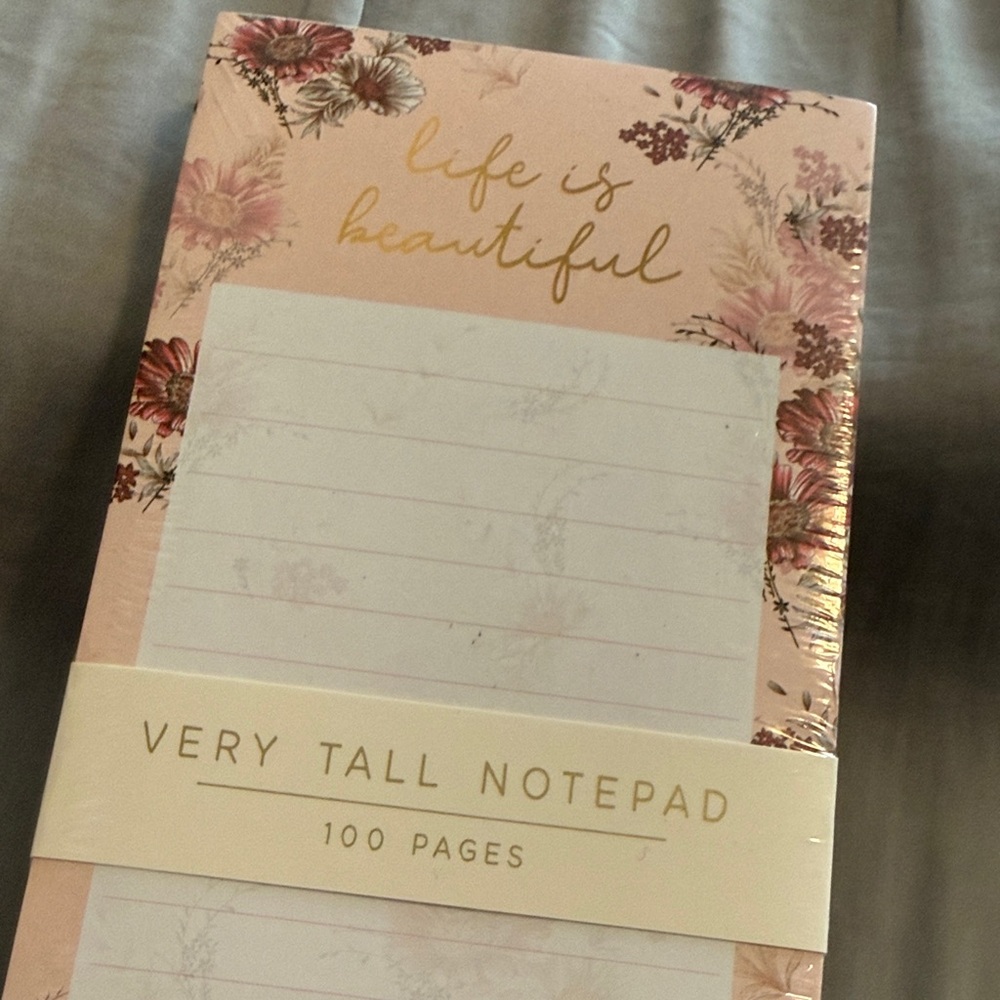NWT Eccolo Very Tall Notepad, 10”x4”, 100 pages, “life is beautiful” floral